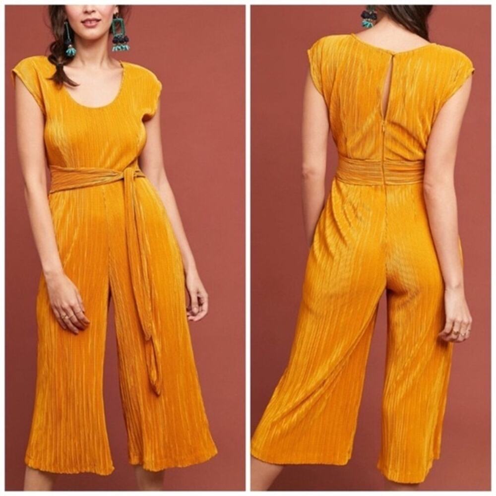 Anthropologie Plisse Pleated Wide Leg Jumpsuit Satin M Medium Excellent Mustard